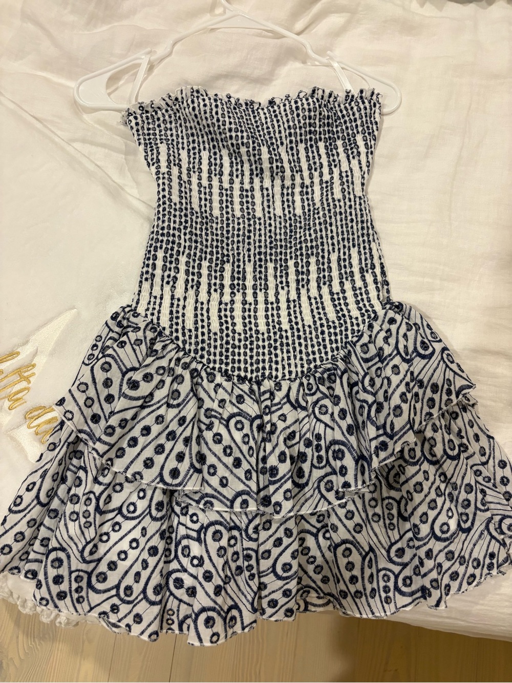 Girls White and Navy Smocked Tiered Ruffle Dress